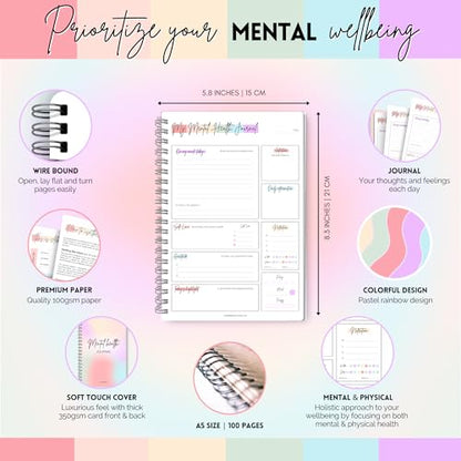 Mental Health Journal Planner | Daily Gratitude, Self Care, Intentions, Affirmations and Nutrition (Rainbow, A5) - color: Rainbow, size: A5