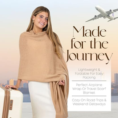 Velanio Cashmere Luxury Knitted Wrap Travel Shawl Scarf, Pashmina Stole, All-Season Scarf for Women Cashmere Wool Blend - color: Tan