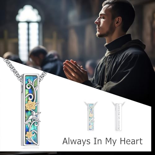 Cremation Urn Necklaces for Ashes Sterling Silver 3D Vertical Bar Memorial Pendant for Loved Ones Keepsake Cremation Jewelry Gifts for Women Men - style: Hummingbird
