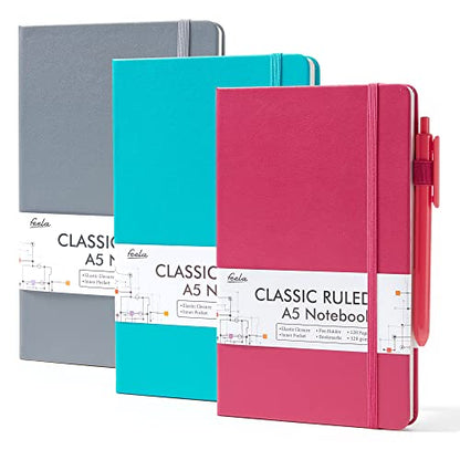 feela Hardcover Notebook For Work, Classic Ruled Lined Journal Set School Business Supplies, with 3 Black Pens, 120 GSM, 5.1”x8.3”, 3 Pack, A5, Solid Colors, Gray, Berry, Emerald - color: Gray, Berry, Emerald