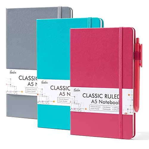 feela Hardcover Notebook For Work, Classic Ruled Lined Journal Set School Business Supplies, with 3 Black Pens, 120 GSM, 5.1”x8.3”, 3 Pack, A5, Solid Colors, Gray, Berry, Emerald - color: Gray, Berry, Emerald