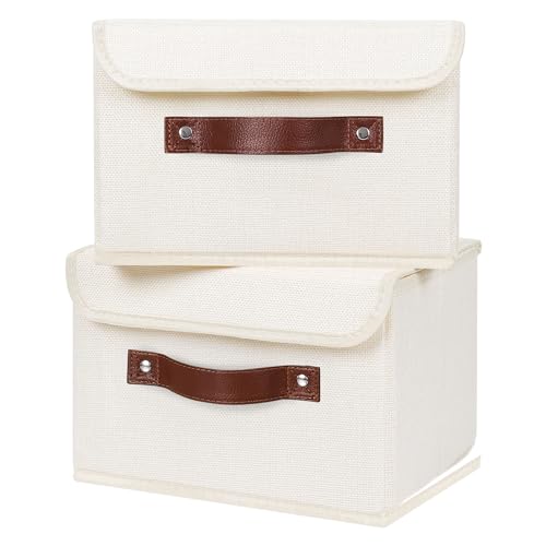 ANMINY 2PCS Storage Bins with Lid PU Leather Handles Storage Boxes PP Plastic Board Decorative Foldable Lidded Cotton Linen Fabric Home Cubes Baskets Closet Organizer Containers - Beige, Small Size - color: Beige, size: Small (Pack of 2)