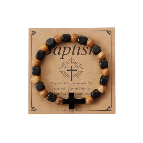 MILAKOO Wooden Bracelet with Black Stainless Steel Cross Charms Bead Christian Gifts for Women Men - color: B5