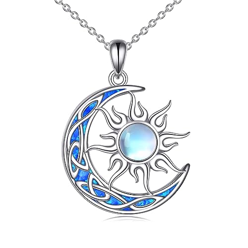 Sun and Moon Necklace for Women 925 Sterling Silver Celtic Crescent Moon Pendant Blue Opal/White Opal/Abelone Shell/Labradorite/Moonstone Jewelry Gift for Teen Girls - color: blue opal moon