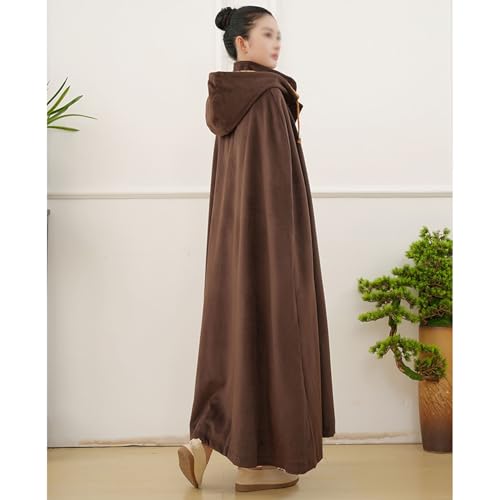 Meditation Hooded Cloak Loose-Fit Comfortable Warm Fleece Prayer Robe Women Men Oversize Button Capes Coat - color: Coffee, size: Large