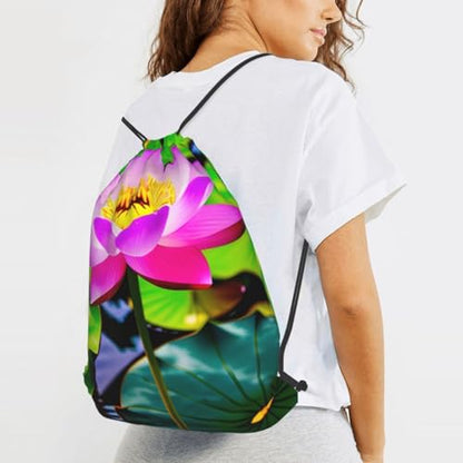 Lotus Flowers Drawstring Backpacks Polyester Bag For Yoga Meditation Fitness - size: Medium