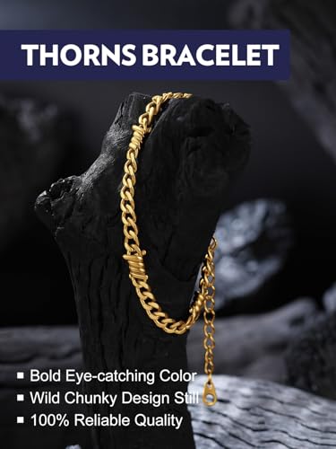 Bandmax Barbed Wire Chain Bracelets for Men Women Stainless Steel/Black/Gold Thorn Cuban Link Bracelet Adjustable Punk Emo Style Jewelry Gift - color: 06 5MM-Gold Plated