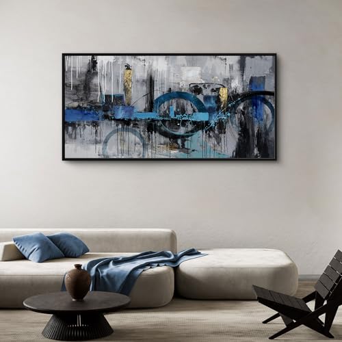 KLAKLA Abstract Wall Art - Blue and Gray Pictures Canvas Artwork for Living Room Bedroom Horizontal Black Framed Above Bed Wall Decor - 24x48 - color: Grey Abstract - 3, size: 24x48