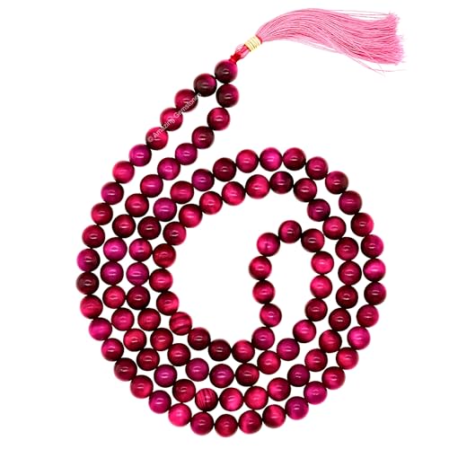 Amazing Gemstone Japa Mala 108 Prayer Beads Necklace and Wrist Mala Bracelet for Meditation - color: Pink Tiger Cats Eye, size: Without Knots
