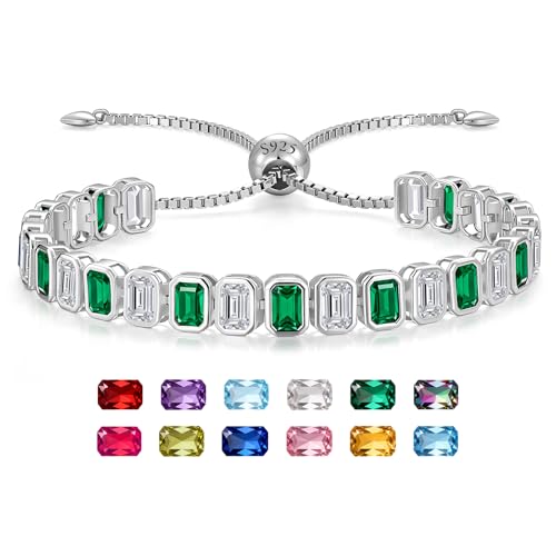 Birthstone Bracelets for Women, Sterling Silver Tennis Bracelets Emerald Cut Bezel Set with Adjustable Chain, Elegant Anniversary, Birthday or Valentine's Day Gift - color: 05-May-Emerald