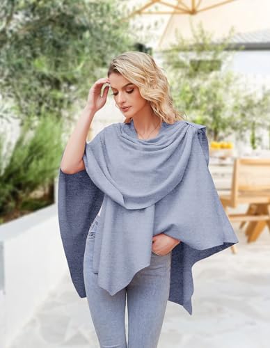 PULI Womens Large Cross Front Poncho Sweater Wrap Topper Knitted Elegant Shawls Cape for Fall Winter - color: 1-dusty Blue