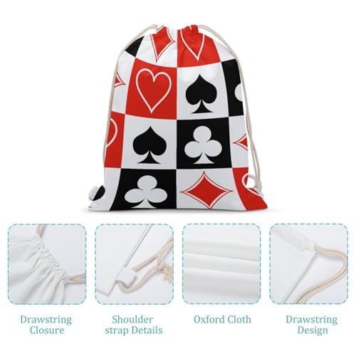 Suits Hearts Diamonds Clubs Spades Grid Poker Playing Cards Portable Canvas Drawstring Backpack with Drawstring Pockets 35x50cm - color: Suits Hearts Diamonds Clubs Spades Grid Poker, size: 35x50cm