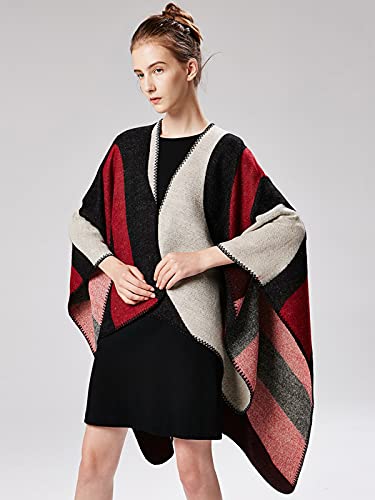 Women's Shawls and Wraps Open Front Poncho Cape Winter Sweater - color: L3-cherry