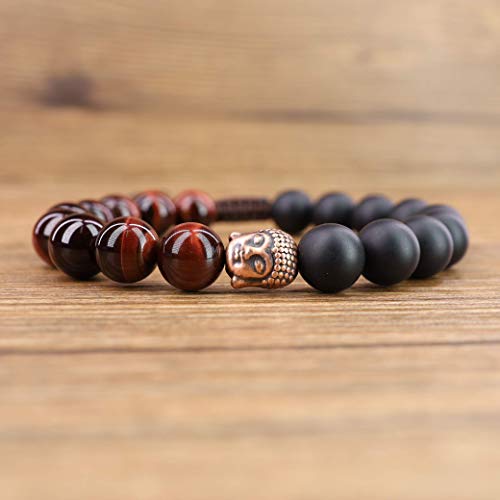 COAI Mens Womens Stone Buddha Head Prayer Bracelet - style: Red Tiger Eye & Onyx