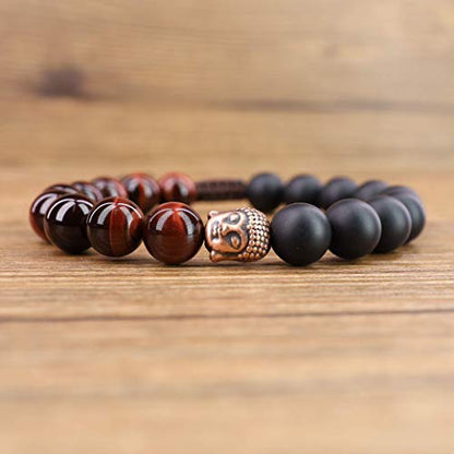 COAI Mens Womens Stone Buddha Head Prayer Bracelet - style: Red Tiger Eye & Onyx