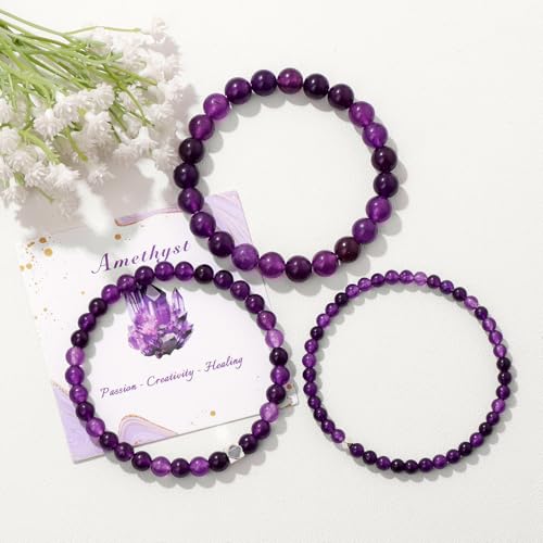 Raicegs 4 6 8MM Beaded Bracelets Healing Crystal Bracelet for Women Men Natural Stone Handmade Stretch Bracelet Reiki Spiritual Jewelry - color: Amethyst, size: 4mm
