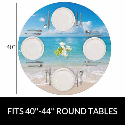 Seascape Round Table Cloth Ocean Wave Beach Clouds Coast Sky Sea Nature Sunny Scenic Elastic Edged Table Cover Fade and Stain Resistant Table Cloths Easy to Clean Fits Tables 40-44" Diameter - color: Seascape