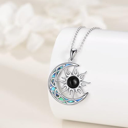 Sun and Moon Necklace for Women 925 Sterling Silver Celtic Crescent Moon Pendant Blue Opal/White Opal/Abelone Shell/Labradorite/Moonstone Jewelry Gift for Teen Girls - color: black onyx sun