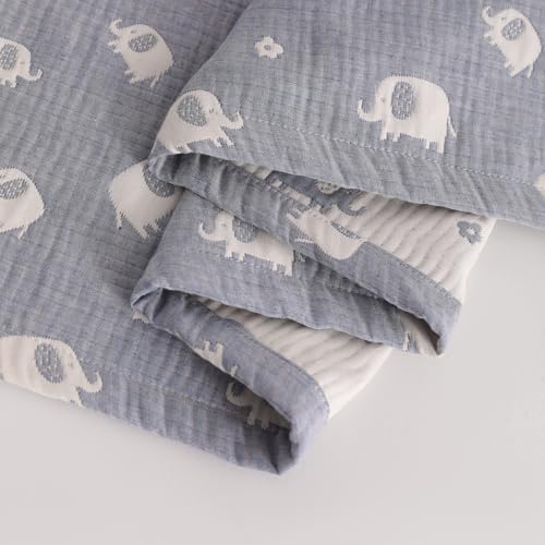 NTBAY 3 Layer Oversized Muslin Cotton Toddler Blanket, Jacquard Reversible Nursery Bed Blanket, Super Soft and Thermal for All Seasons, Baby Gift, 45"x60", Blue Elephant - color: Blue Elephant, size: 45x60 Inch (Pack of 1)