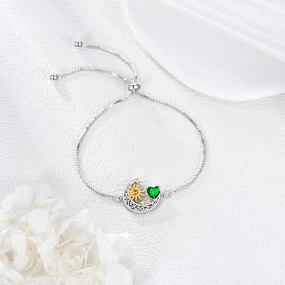 925 Sterling Silver Moon and Sun Star Adjustable Link Bracelet for Women with 12 Month Birthstone Birthday Jewelry - style: 05 - May