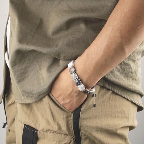 Square Natural Stone Unisex Adjustable Bracelet - Handmade with Natural Stons - Square Healing Crystal Bead Bracelet - color: Gray&White&Red