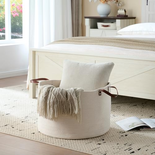 Extra Large Nursery Storage Basket, 22 x 22 x 14 inches - 100% Cotton Rope Baskets with Handles, Laundry Basket for Toys, Blankets & Pillows - Off White with Leather Handles