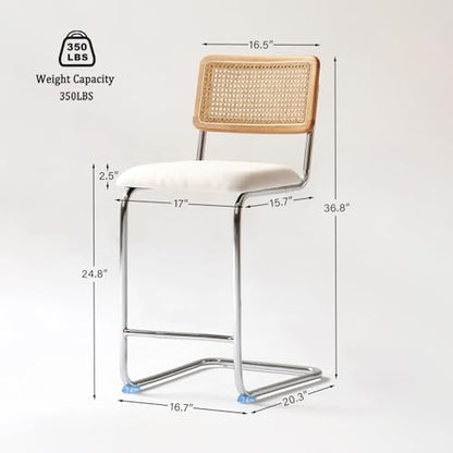 Natural Rattan Counter Height Stools Set of 2 with Solid Wood Back, 24 Inch Mid Century Modern Cesca Bar Stools, White Upholstery Boho Stool for Kitchen Counter with Chrome Metal Legs - color: White, size: 2PCS-24'' Counter Height Stool