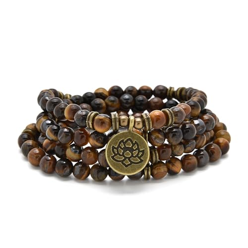 108 Healing Mala Beads Bracelet or Necklace with Gold Lotus Charm - style: Brown Tiger Eye
