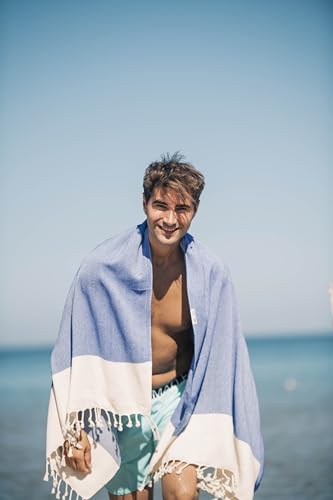 Turkish Beach Towel 100% Cotton Bath Towels 71x39 Quick Dry Sand Free Lightweight Large Oversized Herringbone Dark Blue