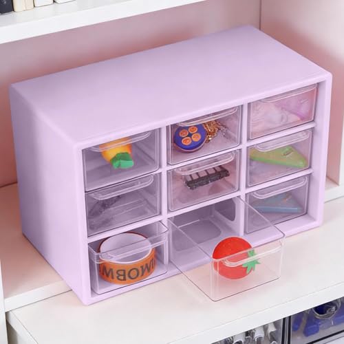 9-Grid Drawer Storage Box, Compact Jewelry Organizer Box for Desk, Multi-Function Storage with Clear Drawers for Office Home and Craft Supplies - color: violet color