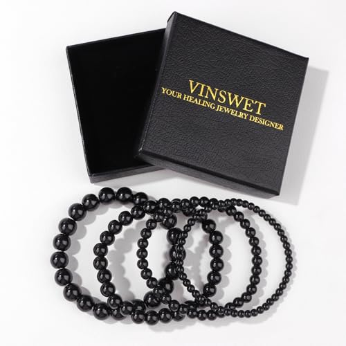 4pcs Beaded Bracelets for Women,Natural Healing Crystal Gemstones Bracelet,Anxiety Stress Relief Bracelet Handmade purple Jewelry Gifts for Women - color: Black Obsidia