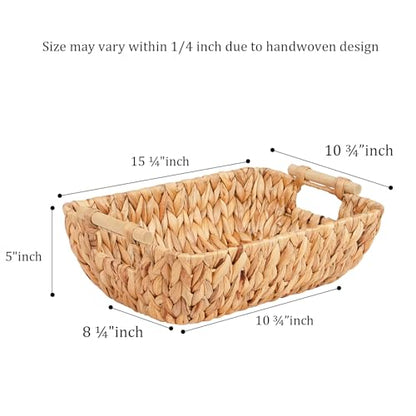 Wicker Storage Baskets with Wooden Handles, Hand-Woven Water Hyacinth Storage Organizers for Throw Blankets, Bedroom, Living Room, Laundry(2 Pack)