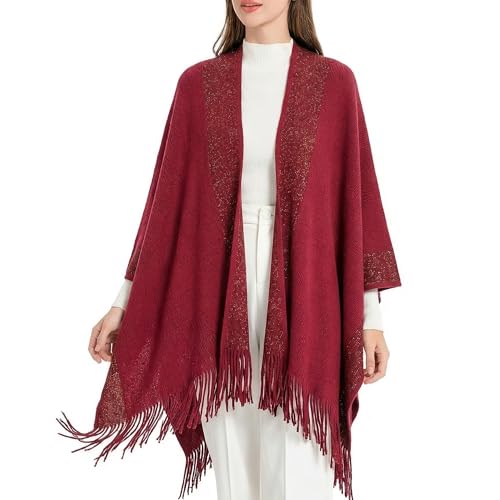 ZLYC Women's Shawl Golden Trim Knit Blanket Wrap Fringe Poncho Coat Cardigan - color: Dark Red