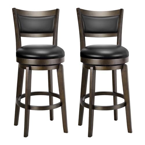 PrimeZone Swivel Bar Stools Set of 2, 26 Inch Counter Height Barstools, Black Faux Leather Bar Stool with High Backrest & Solid Wood Legs & Wrap-around Footrest, Counter Stools for Kitchen Island, Pub - size: 26" Counter Height