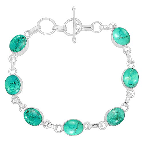Oval Shape Natural Gemstones Statement Bracelet for Women - 925 Silver Plated Handmade Birthstone Bohemian Vintage Style Women's Jewelry Gifts for Wedding Anniversary Christmas Valentine's Day - color: Turquoise