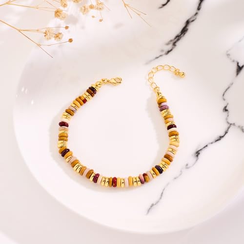 WOWORAMA Colorful Stone Beaded Bracelets for Women Brown Boho Beads Bracelet Handmade Round Stone Bead Bracelet Stackable Trendy Summer Jewelry