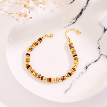 WOWORAMA Colorful Stone Beaded Bracelets for Women Brown Boho Beads Bracelet Handmade Round Stone Bead Bracelet Stackable Trendy Summer Jewelry