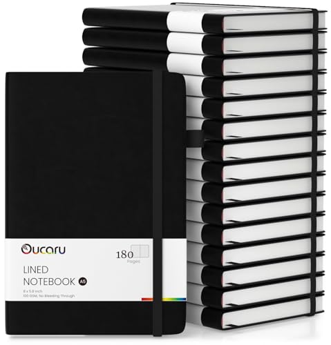 Oucaru Lined Journal Notebook, 16 Pack, 180 Pages, A5 Journals for Writing, 100 GSM Thick Paper, Small Notebooks Daily Journal for Women Men Work, Business, School, Travel Supplies - color: Black