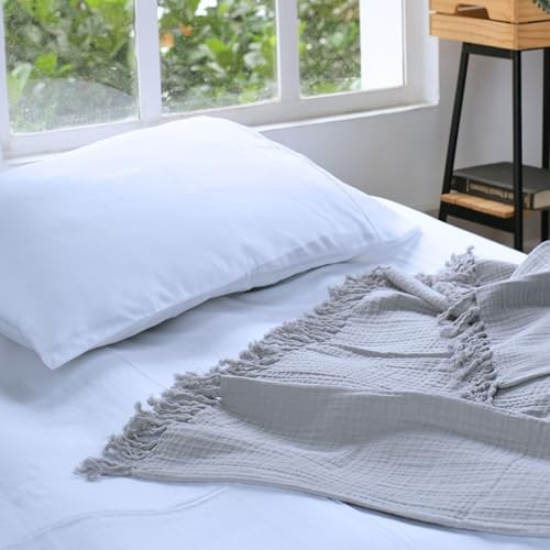 Salt Earth 100% Cotton Muslin Throw Blanket, Gauze Blanket 50"X60" Throw with Tassel 4 Layered for Couch, Bed, Living Room, Lightweight & All Seasons Blankets & Throws, Skin Friendly(Scottish Grey) - color: Scottish Grey, size: 50"X60" Throw