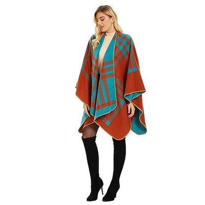 Shawl Wraps for Women, Elegant Knitted Cape Open Front Poncho Scarf Blanket Cardigan Coat for Spring, Autumn, and Winter - color: Orange Blue