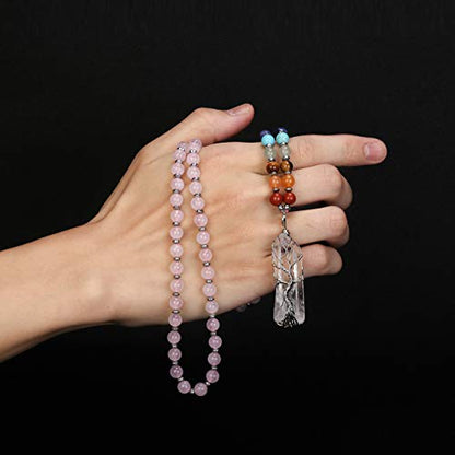 Jovivi Natural 7 Chakras Healing Crystals Necklace Wire Wrapped Clear Quartz Stone Pendant Healing Pointed Reiki Energy Balancing - color: Rose Quartz Crystal