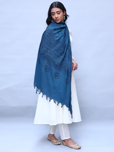 Exotic India Prayer Shawl with Printed Hare Ram Hare Krishna Mantra - PolyCotton - color: Teal