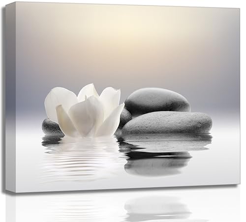 Zen Canvas Wall Art white Lotus Flowers and Black Massage Stones Spa Picture Wall Decor Poster Print Suitable for Yoga Meditation Room Bathroom Bedroom Study Home Decoration - size: 24"L x 16"W