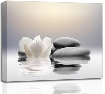 Zen Canvas Wall Art white Lotus Flowers and Black Massage Stones Spa Picture Wall Decor Poster Print Suitable for Yoga Meditation Room Bathroom Bedroom Study Home Decoration - size: 24"L x 16"W