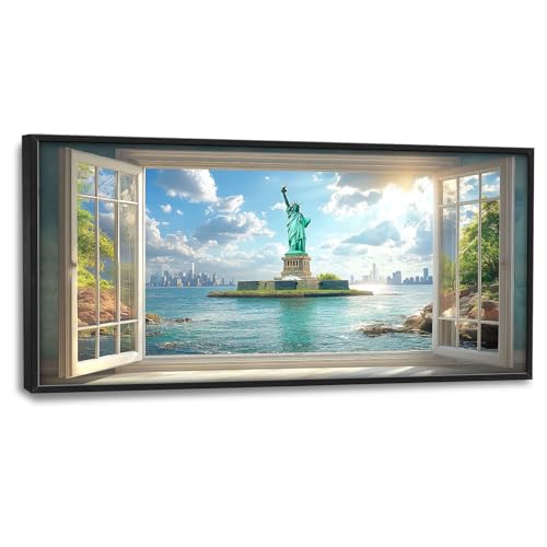 Statue of Liberty Large Wall Art Window Pictures Wall Decor Landmark Canvas Landscape Print Painting Modern Artwork Home Decoration for Living Room Bathroom Bedroom Office Framed 60"x30" - color: Statue of Liberty, size: 60"L x 30"W
