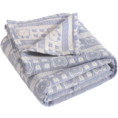 NTBAY 3 Layer Oversized Muslin Cotton Toddler Blanket, Jacquard Reversible Nursery Bed Blanket, Super Soft and Thermal for All Seasons, Baby Gift, 45"x60", Blue Bear - color: Blue Bear, size: 45x60 Inch (Pack of 1)
