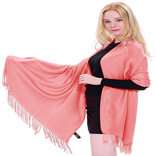 CJ Apparel Solid Color Tassels Design Nepalese Shawl Scarf Wrap Stole Throw Head Wrap Pashmina Gift Hand Made in Nepal New - color: French Rose Pink # 708