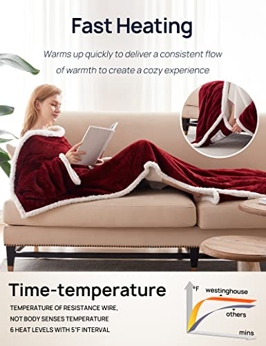 Westinghouse Christmas Electric Snuggle Throw Blankets with Foot Pocket, Wearable Heated Blanket with Sleeves, 6 Heating Levels & 2 to 10 Hours Heating Time Settings, 50 * 70"+18", Red - color: Christmas Red&ivory, size: 70*50" Heated Snuggle Blanket