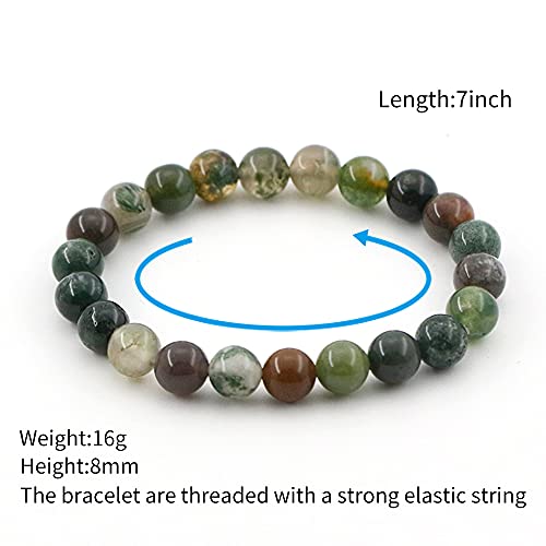 Natural Gemstones Bracelet 8mm Chakra Round Beads Energy Power Crystal Reiki Healing Elastic Stretch 7 Inch for Women Men Unisex - color: Indian Agate