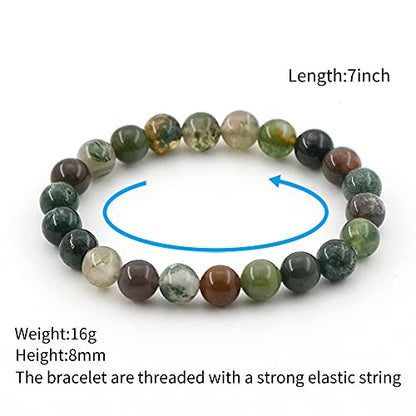 Natural Gemstones Bracelet 8mm Chakra Round Beads Energy Power Crystal Reiki Healing Elastic Stretch 7 Inch for Women Men Unisex - color: Indian Agate